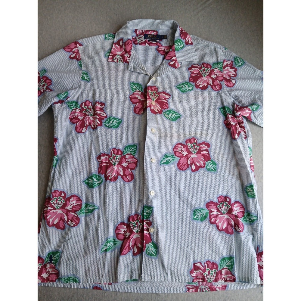 Ralph Lauren Shirt Mens Large  Loop Collar Seersucker Floral Hawaiian Preppy